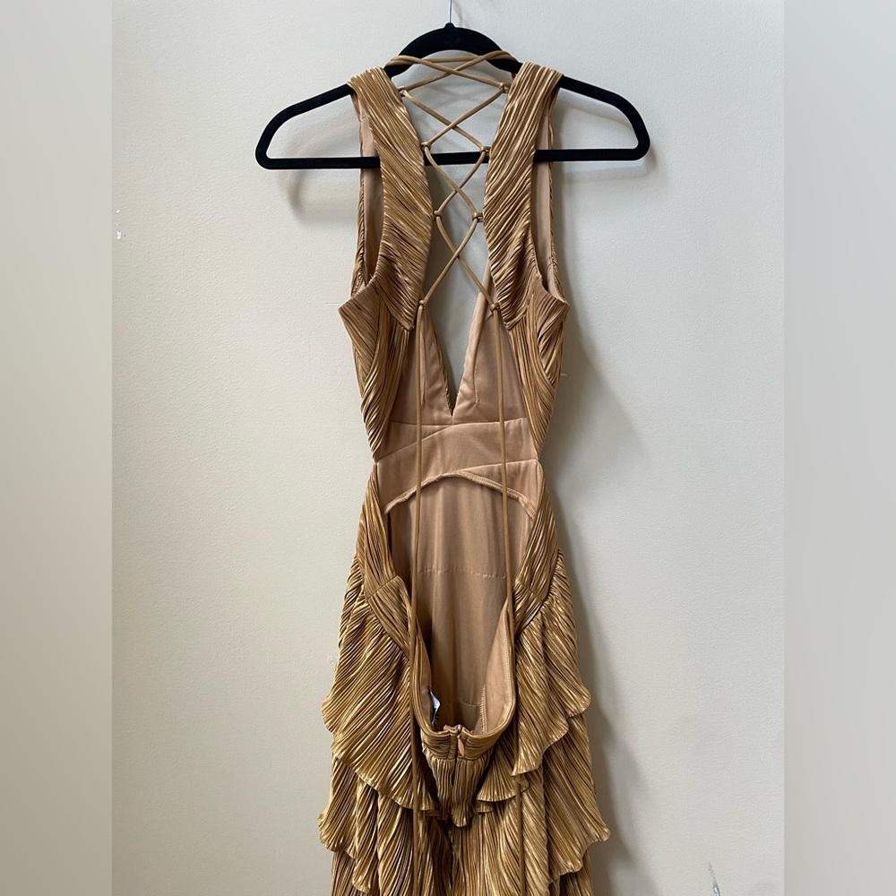 Lulu’s Gold Satin Formal Tiered Lace Up Maxi Dress - Picture 6 of 15